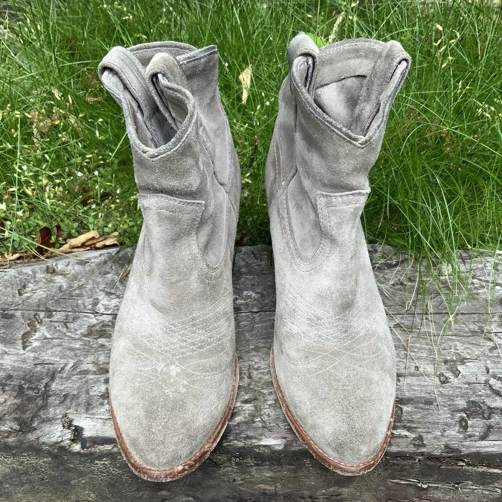 Frye Light Gray Taupe Suede Western-Style Ankle Boots
